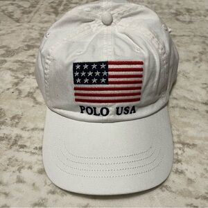 RALPH LAUREN Baseball Hat Men's White USA Embroidered FLAG Leather Strap